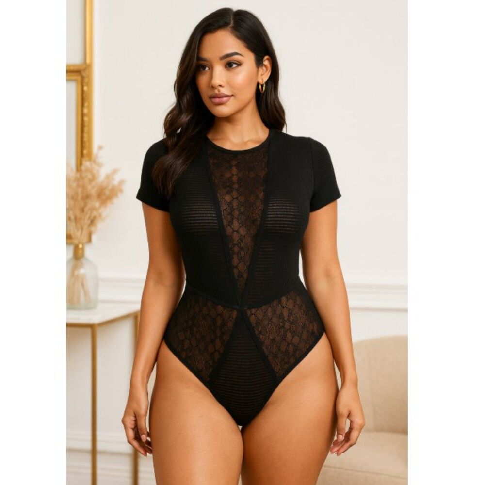 Antigel by Lise Charmel Bodysuit Black Ribbed Sheer Top Blouse Womens Size M
